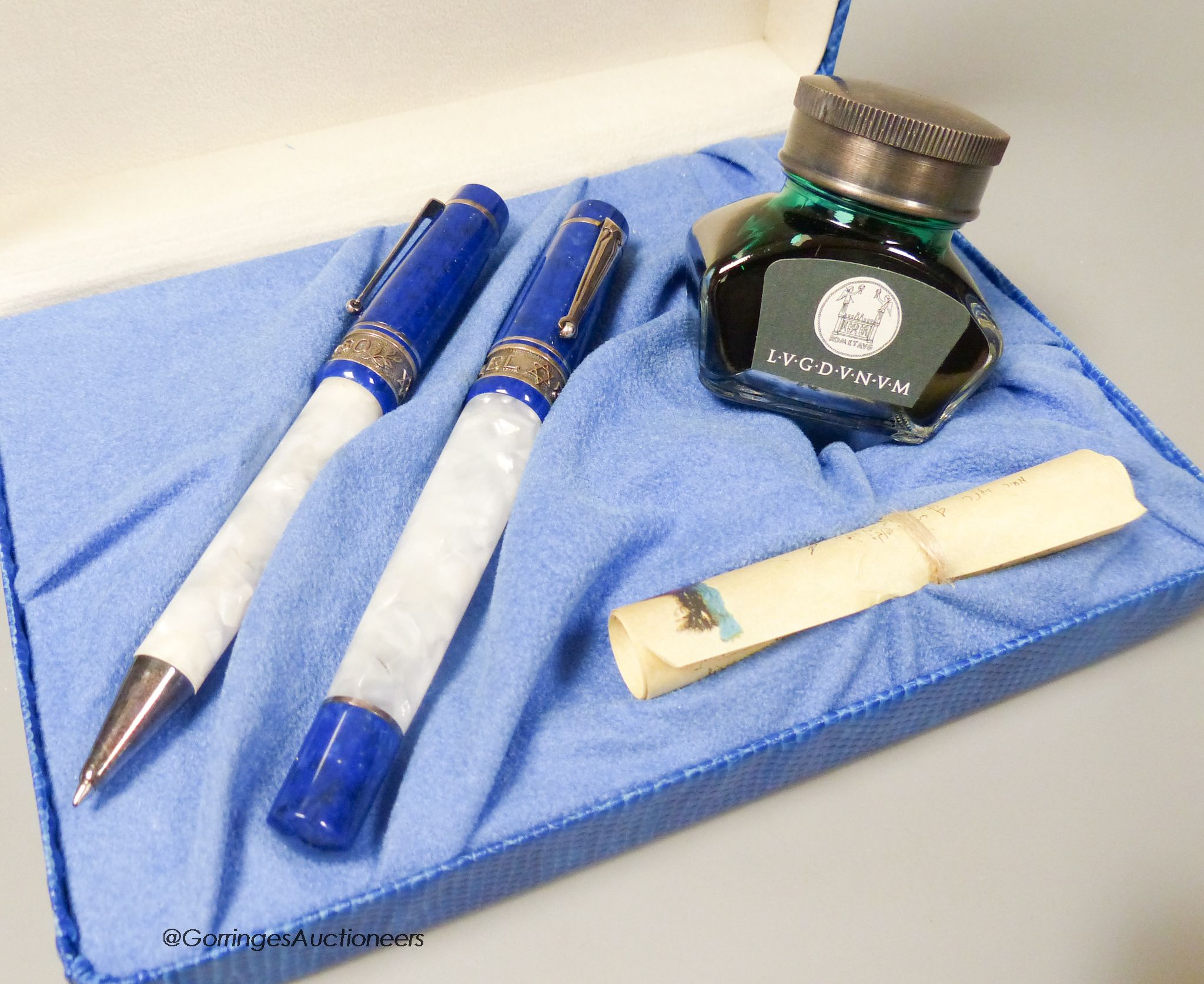 A Delta commemorative fountain and ballpoint pen set, Israel 50, in case and a bottle of Emerald green ink